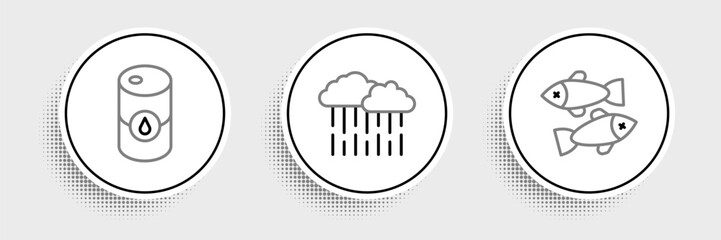 Set line Dead fish, Barrel oil and Cloud with rain icon. Vector