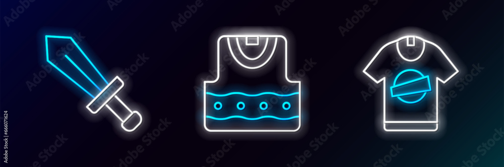 Poster Set line T-shirt, Sword for game and Waistcoat icon. Glowing neon. Vector