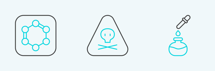 Set line Test tube and flask, Formula of benzene rings and Triangle warning toxic icon. Vector
