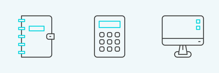 Set line Computer monitor screen, Spiral notebook and Calculator icon. Vector