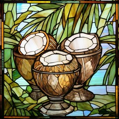 Illustration in stained glass style with two coconuts in the vase