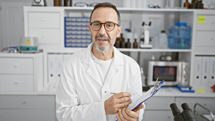 Naklejka na ściany i meble Happy middle age man with grey hair, a seasoned scientist, speaking as he works on an experiment in his lab, clipboard in hand