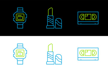 Set line VHS video cassette tape, Wrist watch and Lipstick icon. Vector