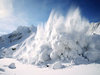 Fototapeta na wymiar Strong avalanche with ice and snow rolling down from the glacier or hill, nature concept