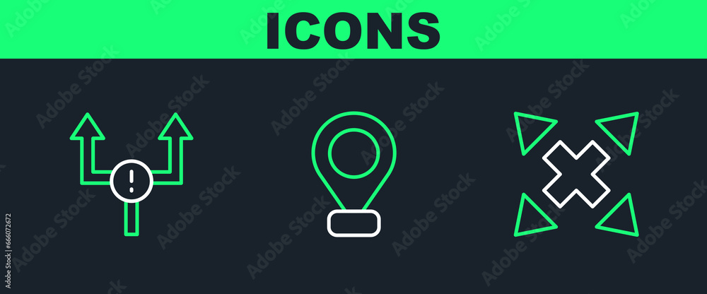 Poster set line many ways directional arrow, arrow and location icon. vector