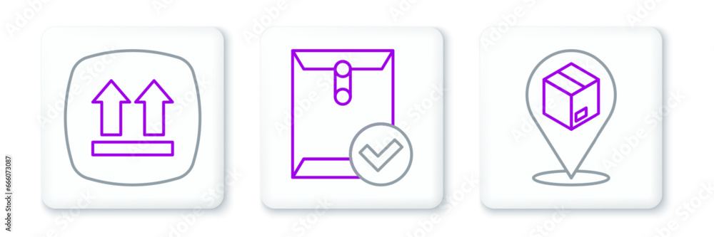 Poster set line location with cardboard box, this side up and envelope and check mark icon. vector