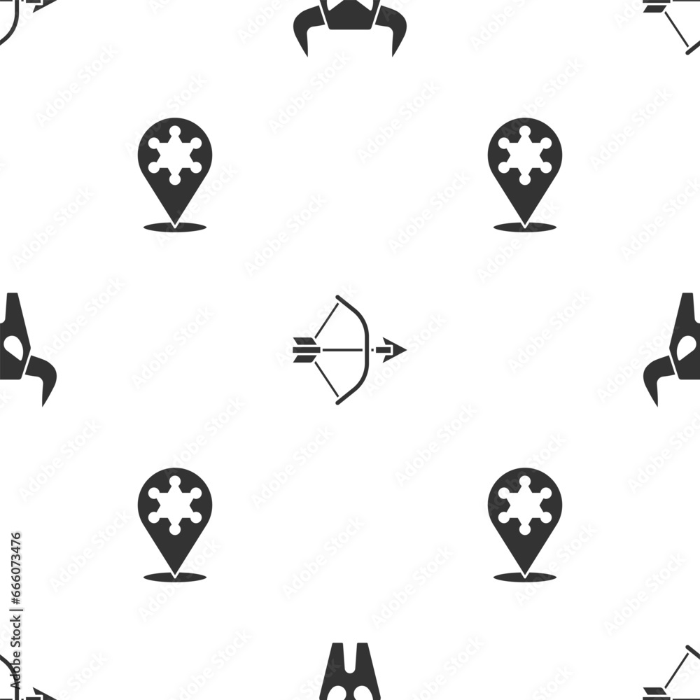 Sticker set buffalo skull, bow and arrow in quiver and hexagram sheriff on seamless pattern. vector