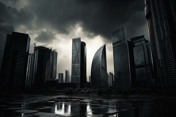 A gloomy metropolis with towering skyscrapers depicting a worldwide financial crisis and economic downturn. Generative AI