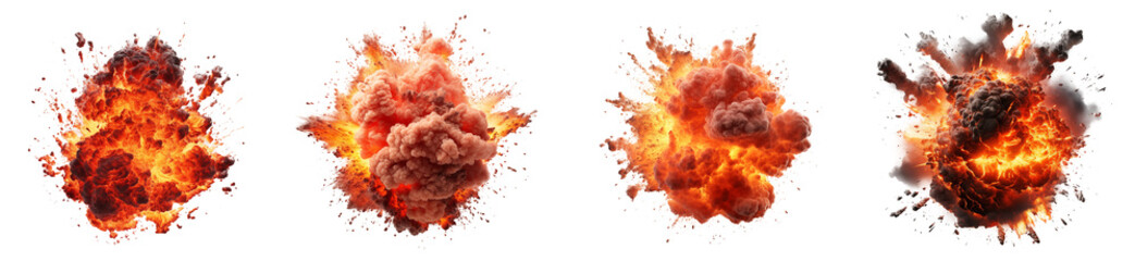 Set of Realistic fiery explosion with sparks fire flames, Elements for design, isolated on white and transparent background 