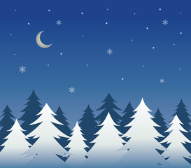 Illustration of a snowy winter night landscape with pine trees and the moon