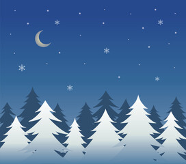 Illustration of a snowy winter night landscape with pine trees and the moon