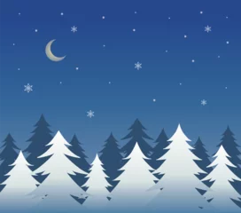 Fotobehang Illustration of a snowy winter night landscape with pine trees and the moon © hwikyung