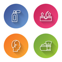 Set line Aftershave with atomizer, Human hair follicle, Baldness and Shaving brush foam. Color circle button. Vector