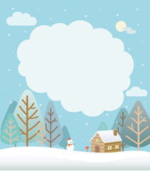 Snowy winter landscape blank frame with house and  snowman