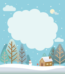 Obraz na płótnie Canvas Snowy winter landscape blank frame with house and snowman