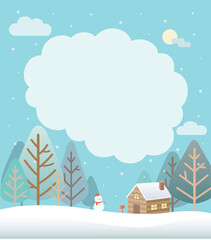 Obraz na płótnie Canvas Snowy winter landscape blank frame with house and snowman