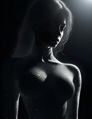 Beautiful nude woman in a dark room with lights and shadows
