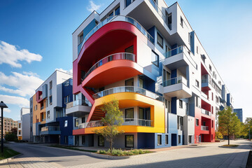 The new apartment building is painted in bright colors