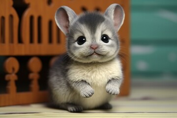 Cute little chinchilla puppy sitting on a wooden bench