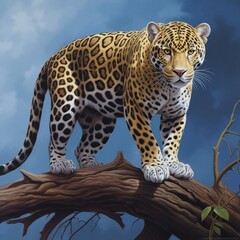 Leopard on a tree branch in the forest,  Illustration