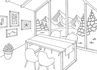 Attic dining room graphic black white home interior sketch illustration vector