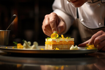 The chef decorates the lemon cake