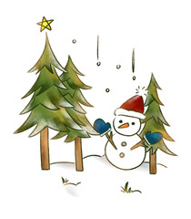 光が射すクリスマスツリーと雪だるま