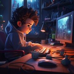 a cartoon of Young Gamer at Computer