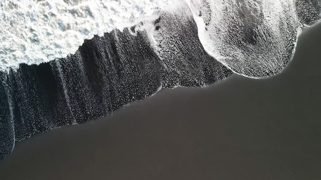 Top view aerial photo from flying drone of amazing nature view of volcanic black sand beach in Iceland