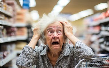 Retired elderly woman extremely stressed by high prices in a supermarket, Generative AI