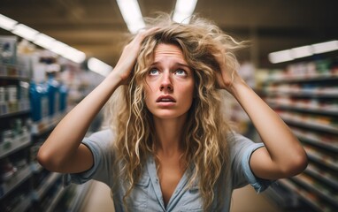 A woman extremely stressed by high prices in a supermarket, Generative AI