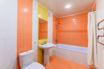 interior apartment room bathroom, sink, decorative elements, toilet
