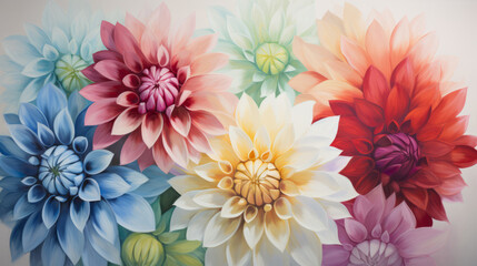 Colourful dahlias background, wall decor, canvas design, artistic Illustration, AI Generated