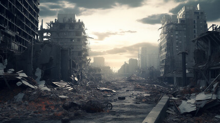 View of destruction city with fires and explosion over dramatic sky background. Generative Ai