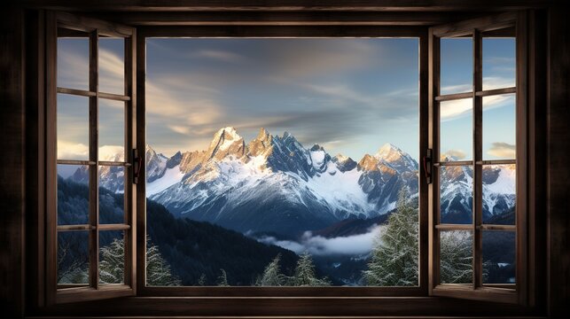 Landscape beautiful view from window to incredible snowy alps and lovely nature around, nature concept