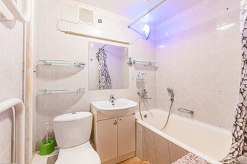 interior apartment room bathroom, sink, decorative elements, toilet