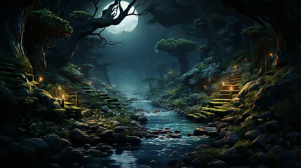 Fototapeta na wymiar Deep Forest. Fantasy Backdrop. Concept Art. Realistic Illustration. Video Game. Generative Ai