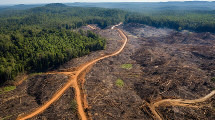 Deforestation aerial photo. Rainforest jungle, destroyed to make way for oil palm. Generative Ai - obrazy, fototapety, plakaty