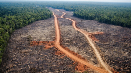 Deforestation aerial photo. Rainforest jungle, destroyed to make way for oil palm. Generative Ai