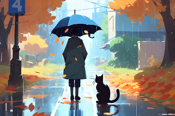 Illustration of a man and a cat with an umbrella in the autumn rain. Generative AI