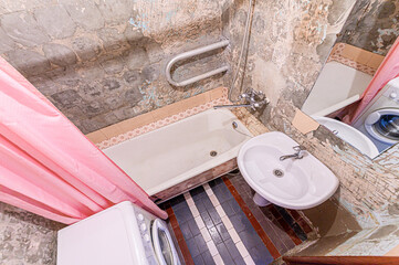 interior apartment room bathroom, sink, decorative elements, toilet