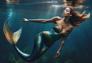 beautiful mermaid with red hair swims underwater. generative ai - obrazy, fototapety, plakaty