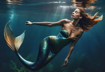 Foto op Plexiglas beautiful mermaid with red hair swims underwater. generative ai © Martin