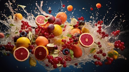  a bunch of fruit that is falling into the air with water.  generative ai
