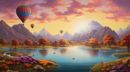  a painting of hot air balloons flying over a lake and mountains.  generative ai