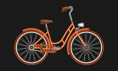 A bicycle with a curved frame and a flashlight for trips around the city. Ladies light brown bike with white trim. Black background. Vector illustration
