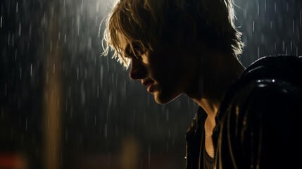 silhouette shot of a gorgeous teen male standing in the rain in an empty street with his head tilted downward, misery and ominous concept, rain drops, blond hair, mid of the night, dim theme