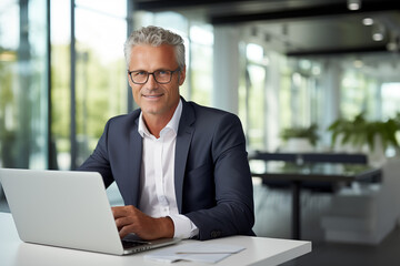 Fototapeta premium Smiling businessman behind a work desk. Man at work in a company. IA.