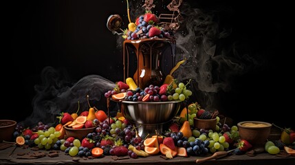 Fototapeta premium a still life of fruit and smoke on a black background. generative ai