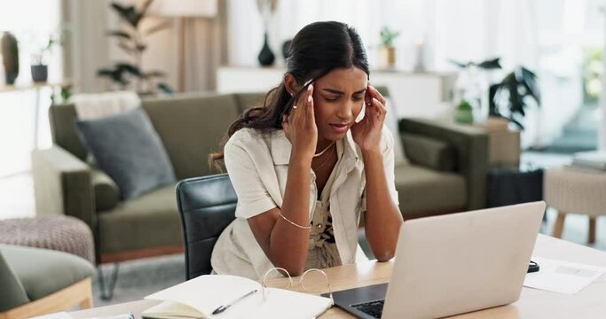 Woman, headache and stress laptop for home finance, planning budget and bankruptcy, house rent or debt. Young freelancer with pain, fatigue or mental health risk and sad for bad news on her computer
